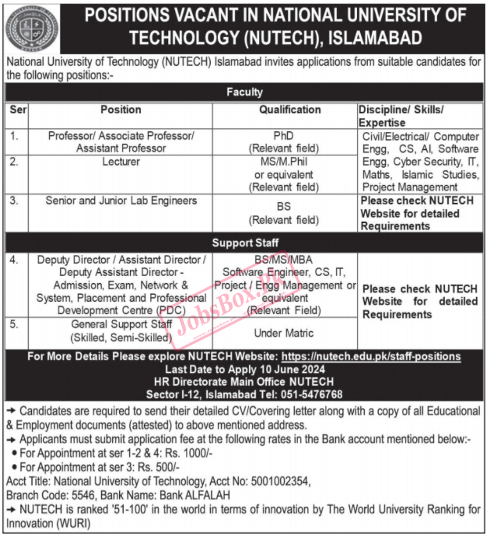 National University of Technology NUTECH Islamabad Jobs 2024